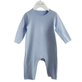 Light blue long sleeve baby jumpsuit with snap buttons, soft cotton fabric, relaxed fit