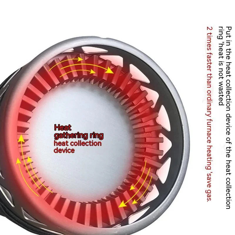 Close-up of a round heat gathering ring device in metallic and red, showing airflow direction arrows.