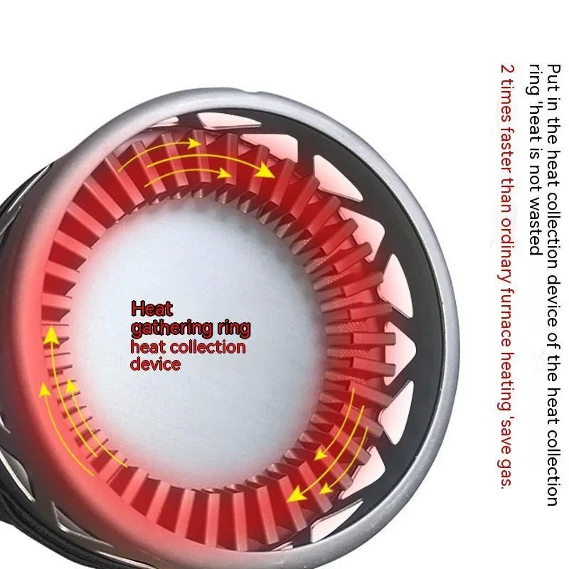 Close-up of a round heat gathering ring device in metallic and red, showing airflow direction arrows.