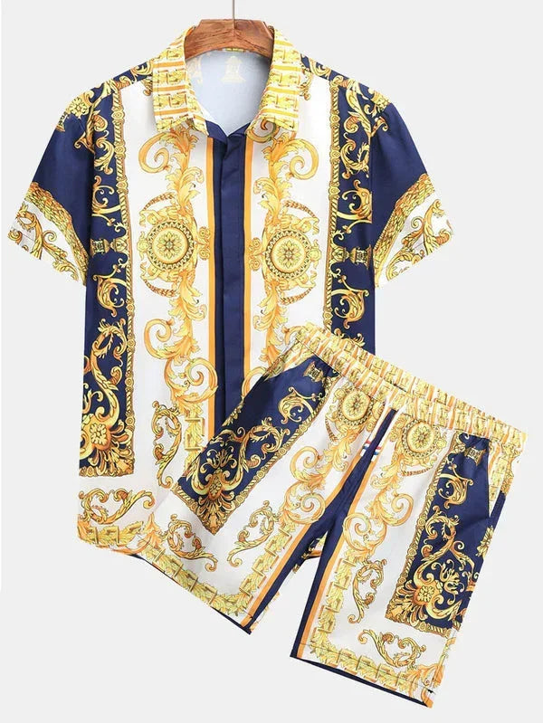 Men's short sleeve matching shirt and shorts set with baroque gold and navy print, relaxed fit
