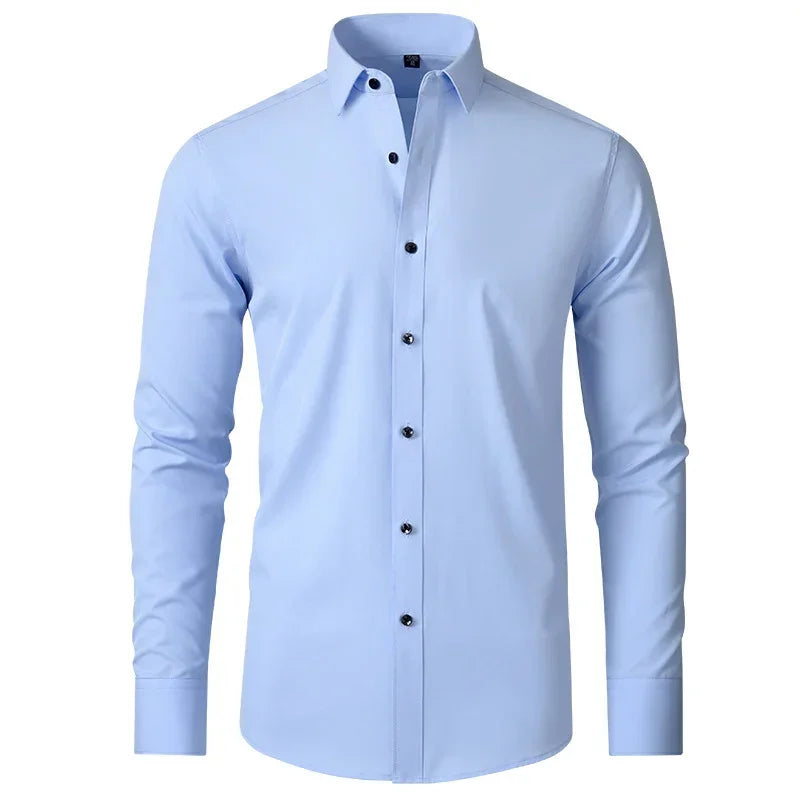 Men's light blue long sleeve dress shirt with black buttons, slim fit, cotton blend fabric