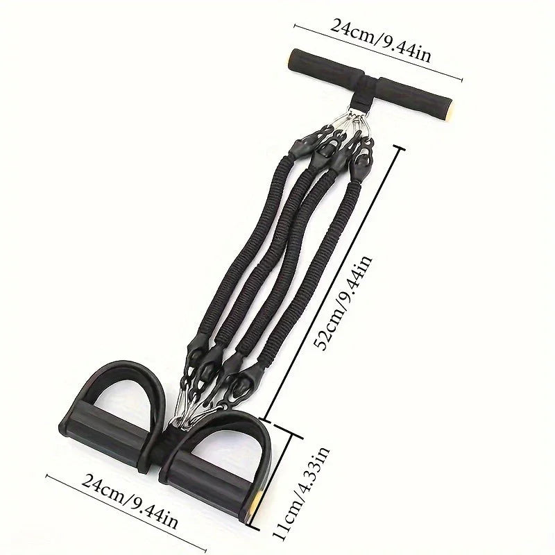 Black resistance band exercise equipment with foam handles and foot pedals, elastic material, compact design