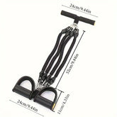 Black resistance band exercise equipment with foam handles and foot pedals, elastic material, compact design