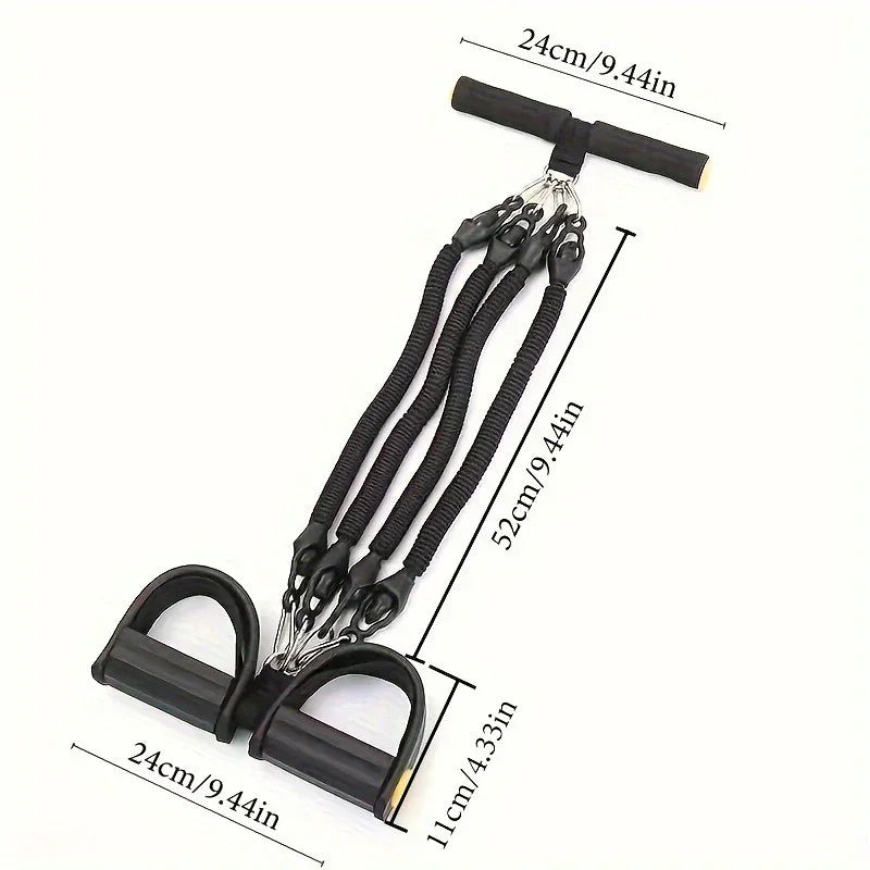 Black resistance band exercise equipment with foam handles and foot pedals, elastic material, compact design