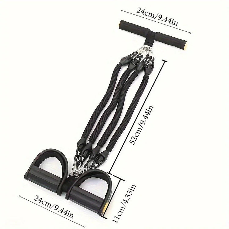 Black resistance band exercise equipment with foam handles and foot pedals, elastic material, compact design