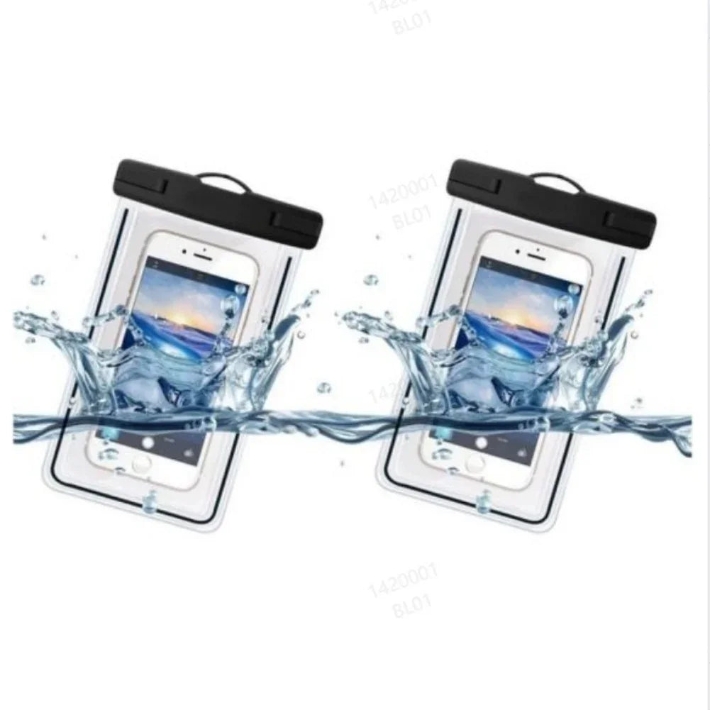Clear waterproof phone pouches with black seals, protecting smartphones from splashing water