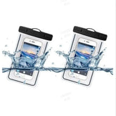 Clear waterproof phone pouches with black seals, protecting smartphones from splashing water