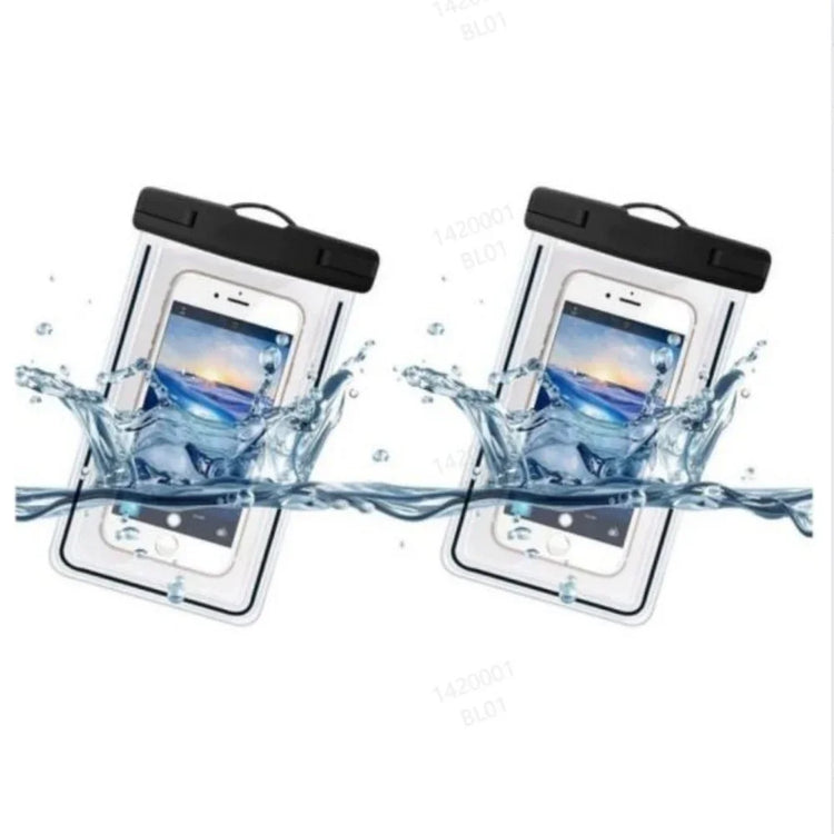 Clear waterproof phone pouches with black seals, protecting smartphones from splashing water