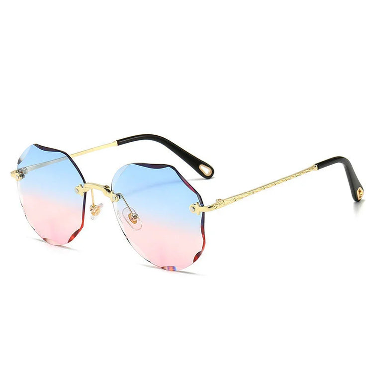 Scalloped rimless sunglasses with gold metal arms and blue to pink gradient lenses