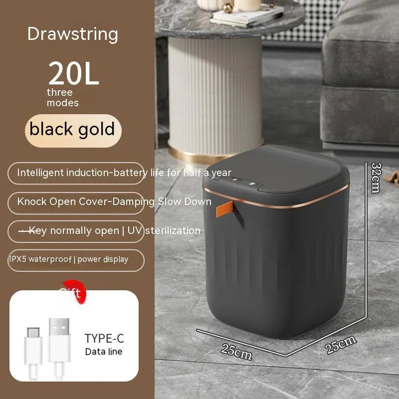 Black gold automatic trash can with 20L capacity, modern design, features touchless lid and IPX5 waterproof, shown in a living room.