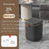 Black gold automatic trash can with 20L capacity, modern design, features touchless lid and IPX5 waterproof, shown in a living room.