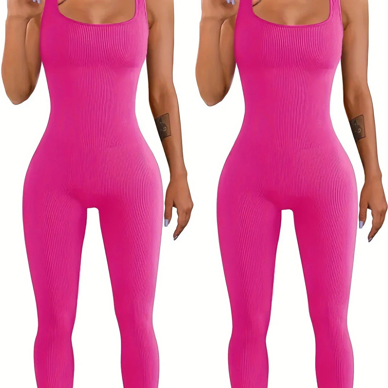 Women wearing bright pink ribbed sleeveless jumpsuits with a slim, bodycon fit