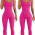 Women wearing bright pink ribbed sleeveless jumpsuits with a slim, bodycon fit