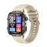 Beige silicone strap smartwatch with rugged case, colorful digital display and fitness tracking.