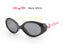 Black and white oval sunglasses with pink cartoon cat design on white arms, glossy finish.