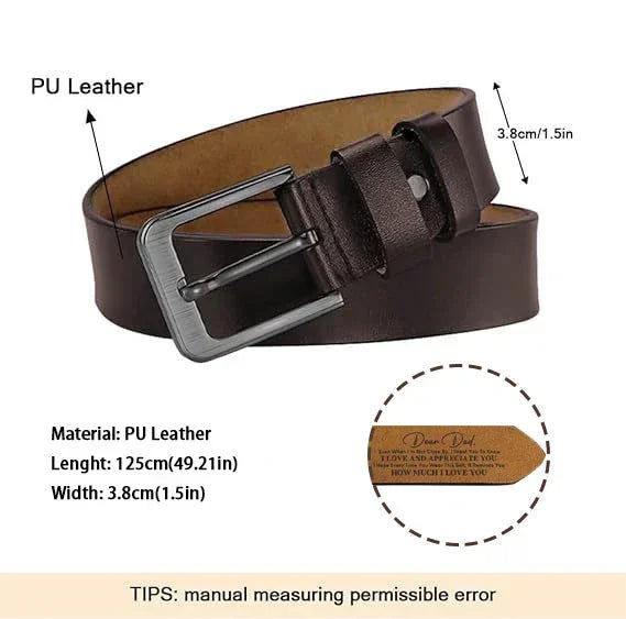 Men's dark brown PU leather belt with matte metal buckle, 3.8cm wide, classic fit.