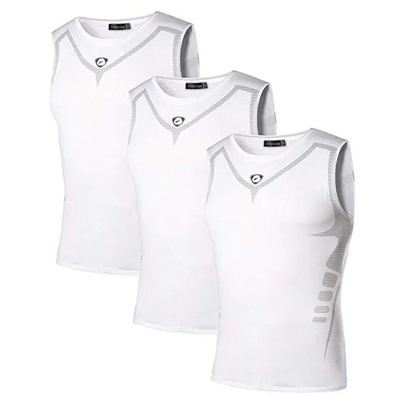 Three white sleeveless athletic shirts, slim fit, lightweight mesh fabric, modern design accents.
