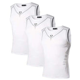 Three white sleeveless athletic shirts, slim fit, lightweight mesh fabric, modern design accents.