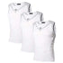 Three white sleeveless athletic shirts, slim fit, lightweight mesh fabric, modern design accents.