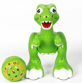 Green robotic dinosaur toy with white feet and matching remote control on white background.