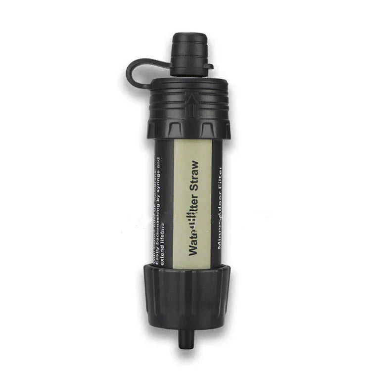 Portable black and beige water filter straw with twist cap and durable plastic construction