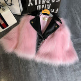 Pink faux fur and black faux leather jacket with oversized fit on a hanger