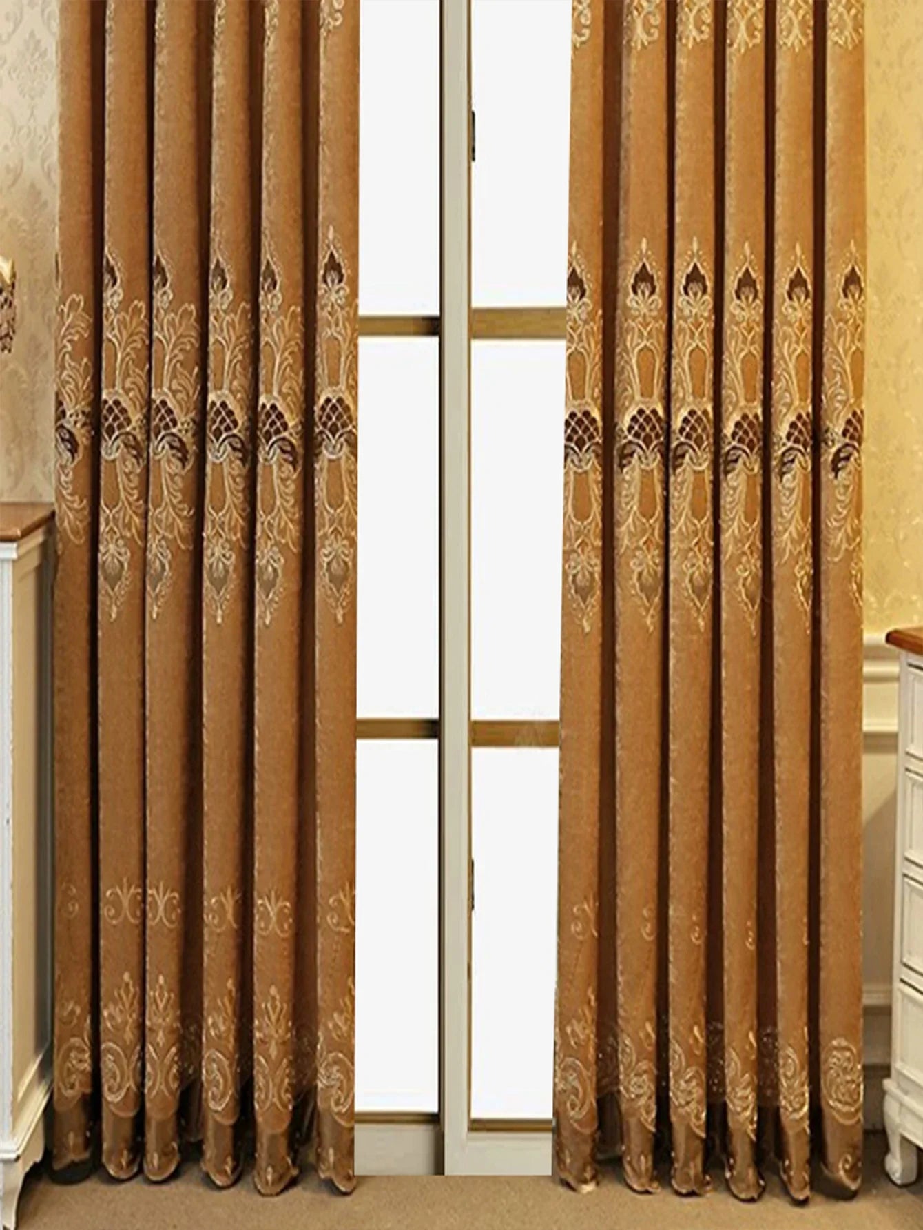 Gold blackout curtains with damask pattern, heavy fabric, full-length fit on window