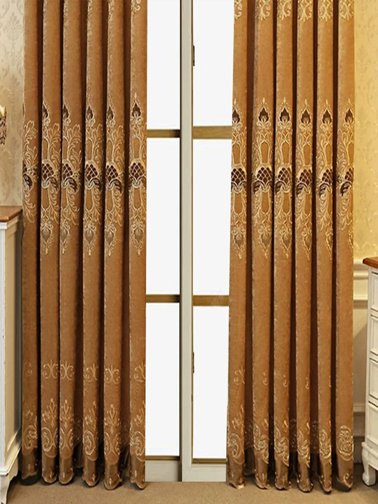 Gold blackout curtains with damask pattern, heavy fabric, full-length fit on window