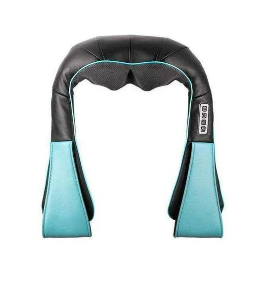 Black and teal neck and shoulder massager with soft padded material and control buttons