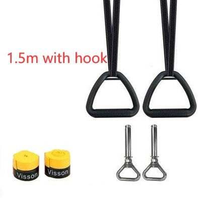 Black adjustable nylon exercise straps with triangle handles, metal hooks, and yellow wristbands