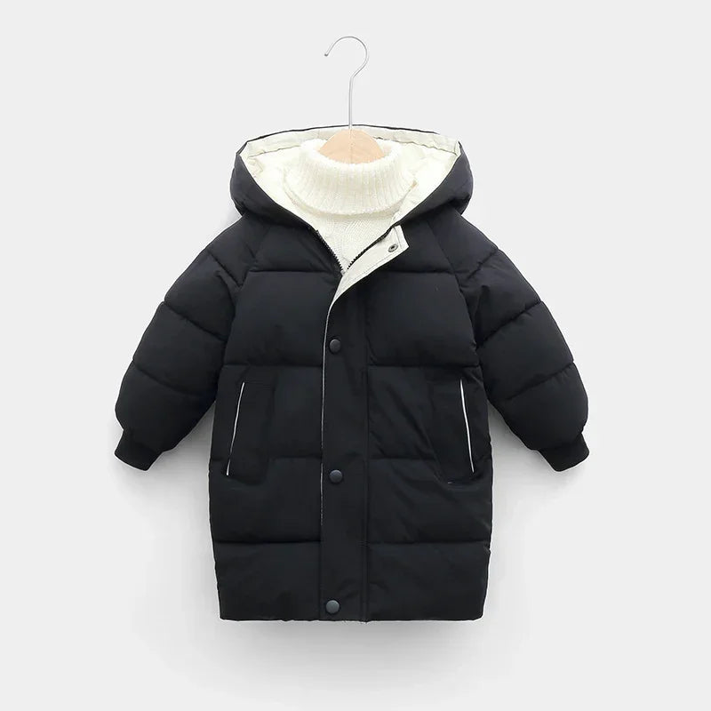 Black puffer jacket with hood, thick quilted material, relaxed fit, and contrast white lining