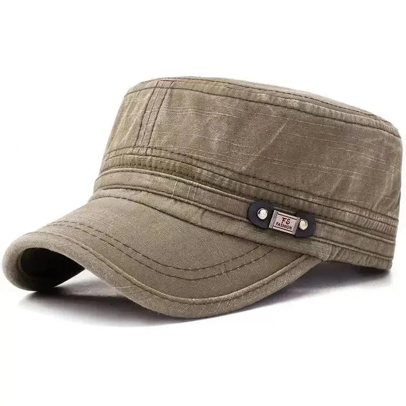 Khaki cotton military style cap with curved brim and adjustable fit, casual streetwear hat