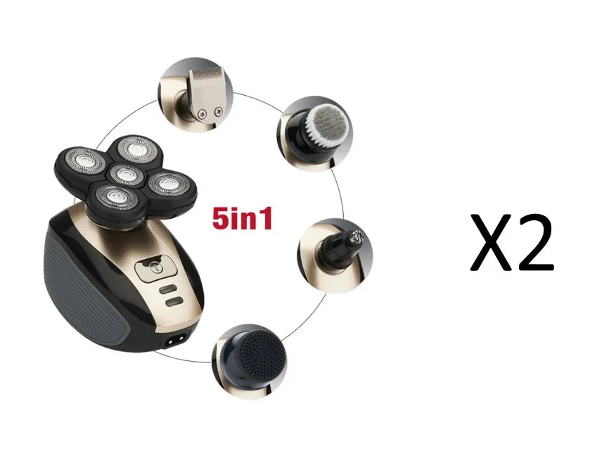 5-in-1 electric grooming kit with black and gold trimmer and interchangeable shaving, cleaning, and trimming heads