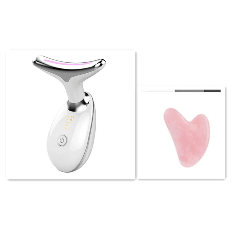 White LED facial massage tool and pink gua sha stone on white background
