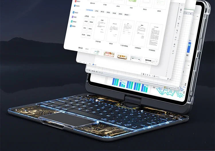 Futuristic transparent laptop with illuminated keyboard, showing digital circuits and open software windows.