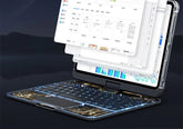 Futuristic transparent laptop with illuminated keyboard, showing digital circuits and open software windows.
