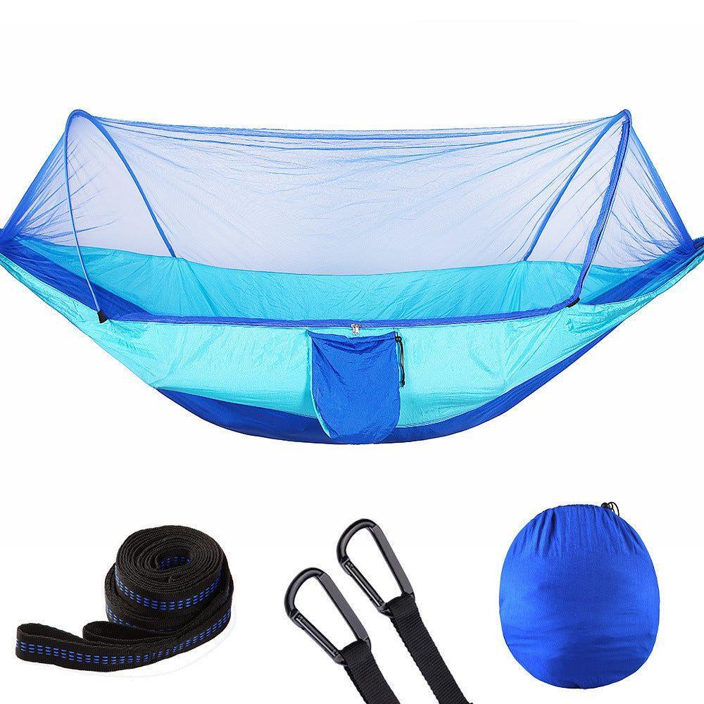 Light blue outdoor hammock with breathable mesh net, includes black straps and carabiners