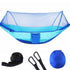 Light blue outdoor hammock with breathable mesh net, includes black straps and carabiners