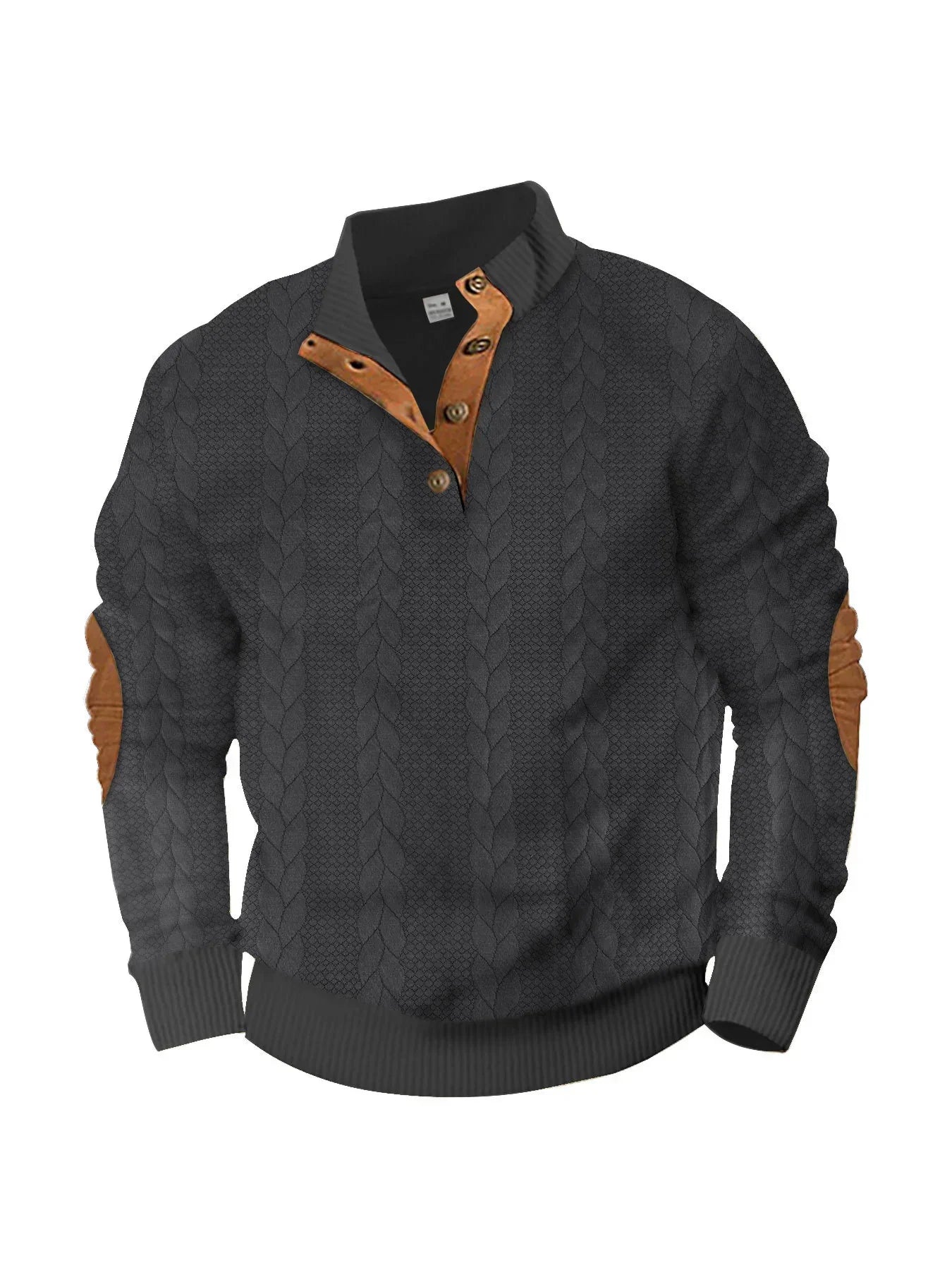 Men’s charcoal cable knit sweater with brown suede elbow patches, ribbed cuffs, and button collar