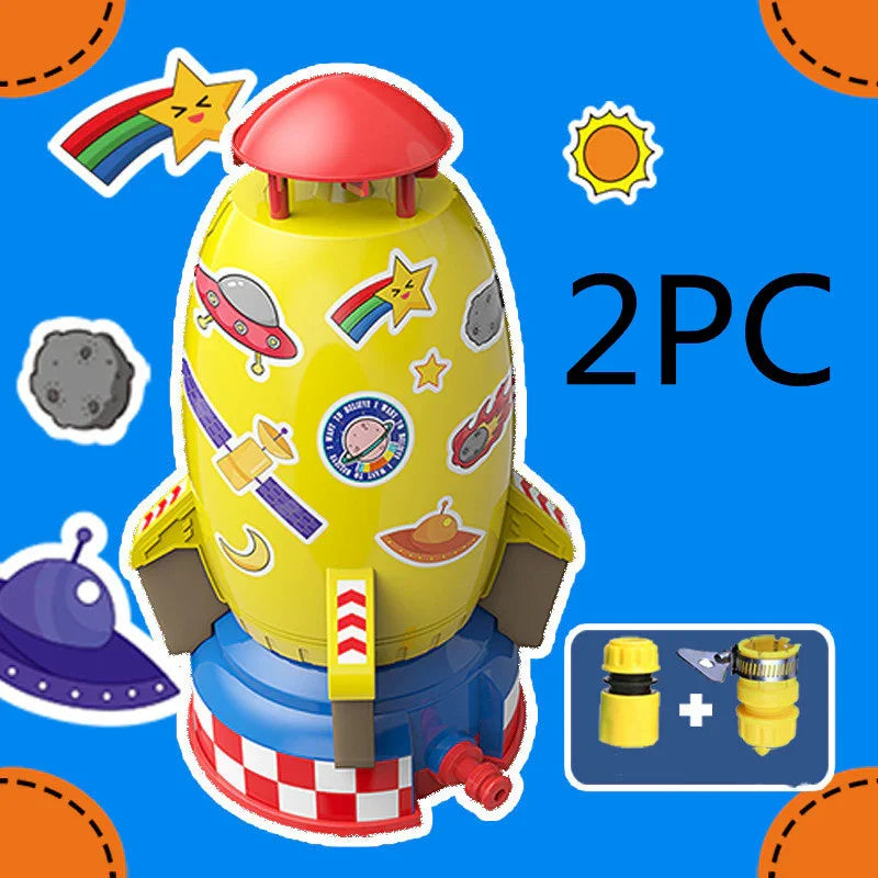 Colorful toy rocket with space-themed stickers, made of plastic in yellow and red, 2-piece set.