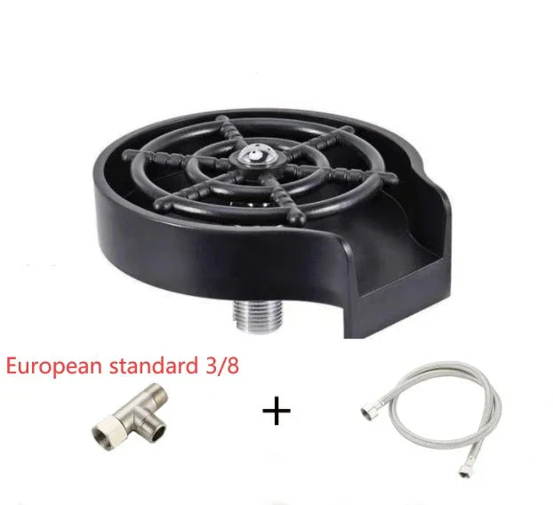 Black round sink cup rinser with metal 3/8 connector and flexible hose, European standard