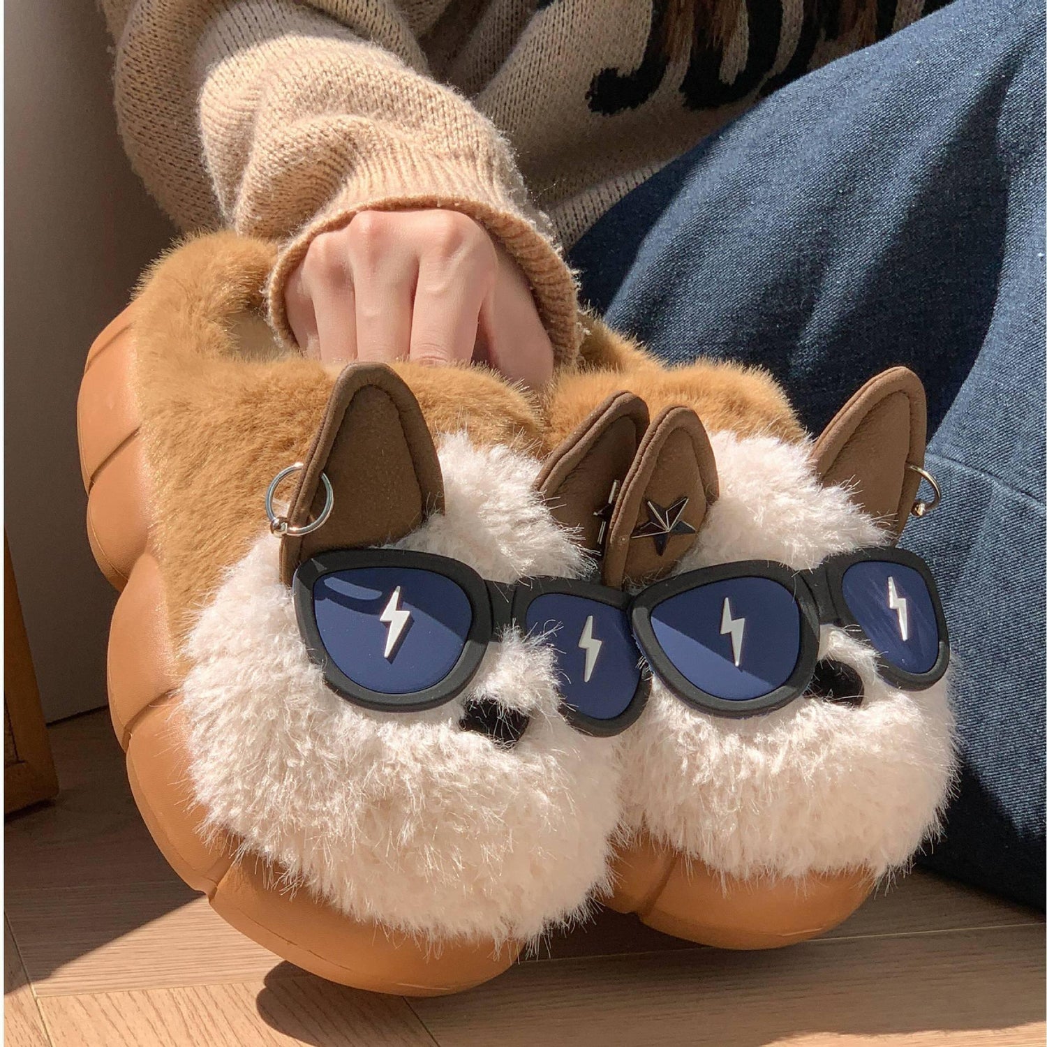 Cute brown and white plush slippers with dog face, 3D ears, and novelty sunglasses design