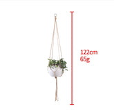Hanging beige rope plant holder with white ceramic pot, 122cm long, minimalist style