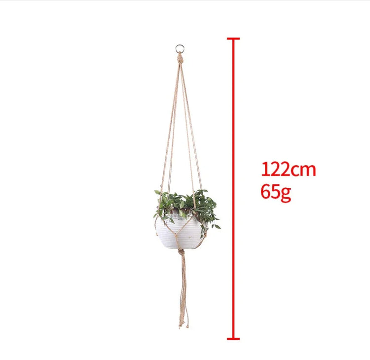 Hanging beige rope plant holder with white ceramic pot, 122cm long, minimalist style