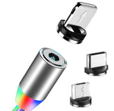 Magnetic charging cable with LED light and three silver adapter tips for USB, Micro USB, and Type-C devices