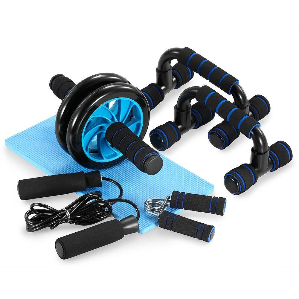 Black and blue home workout set with ab roller, push-up bars, jump rope, hand grip, and mat.