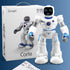 White and blue toy robot with LED face screen and tech details, standing by product box