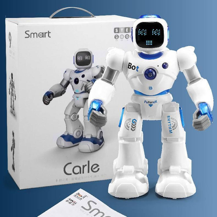 White and blue toy robot with LED face screen and tech details, standing by product box