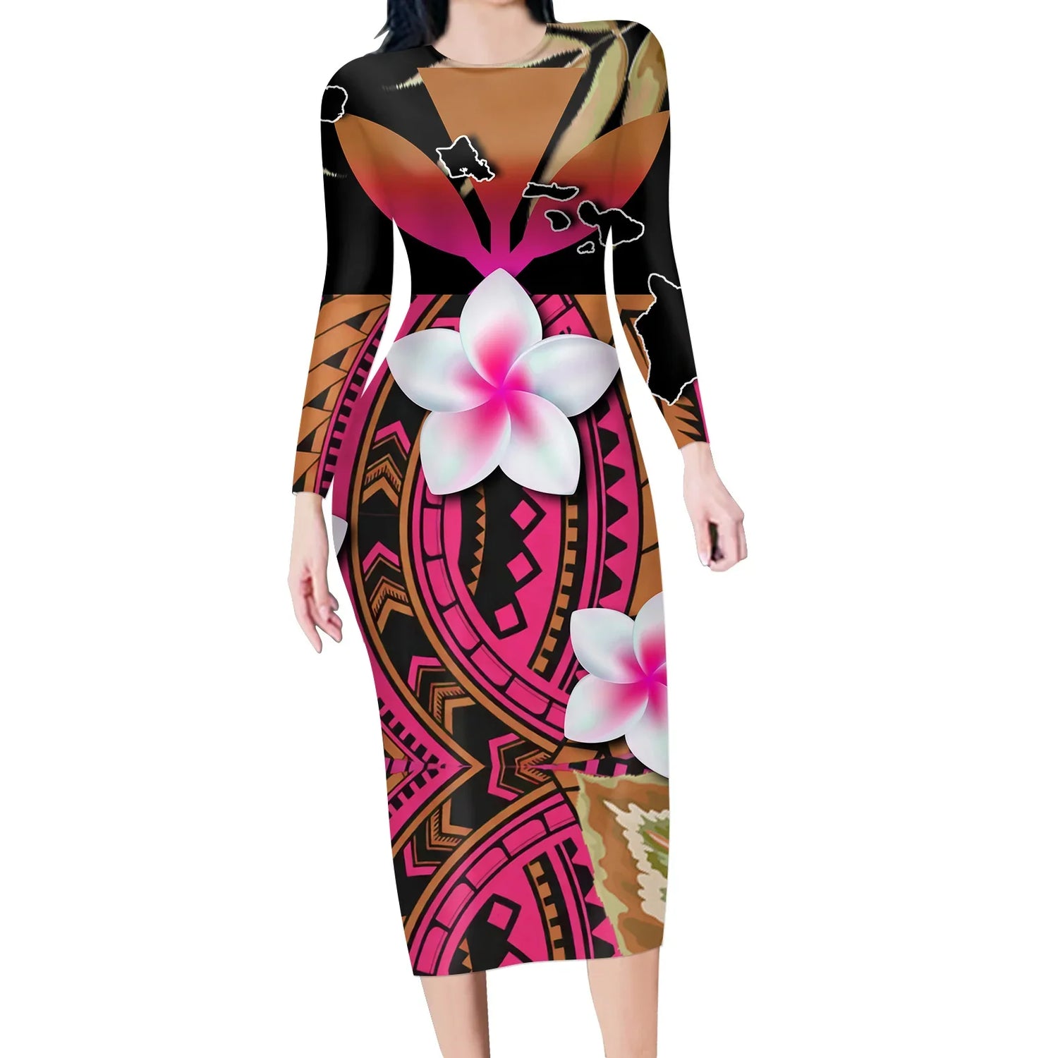 Woman in a fitted long-sleeve bodycon dress with bold floral and tribal print, pink and black tones.