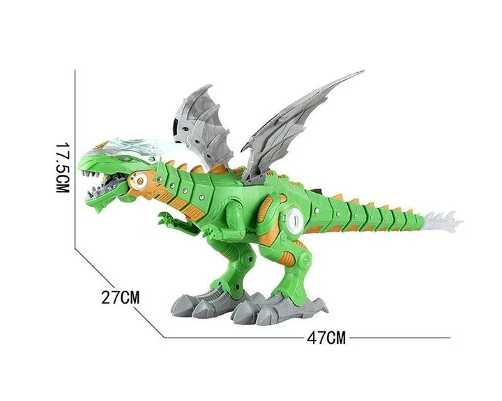 Green and grey plastic dragon toy with mechanical details, wings, and size measurements shown